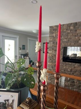 2 Partylite Cherub Angel Taper Candle Huggers harp flute Porcelain Bisque 3”